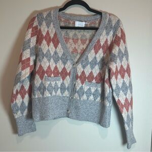 Lush Argyle Knit Cardigan in Gray, Red, and Cream